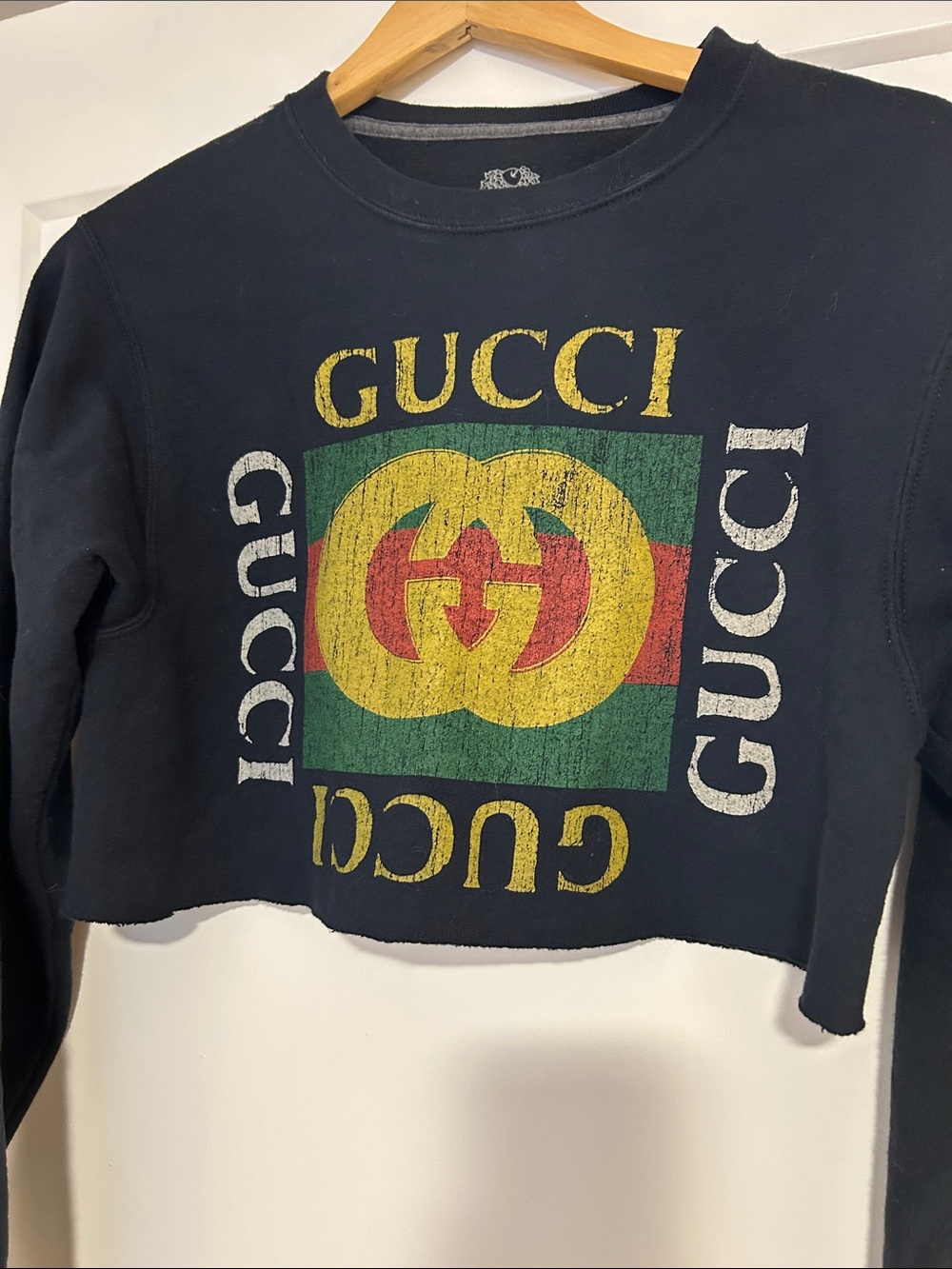 Gucci Black Cropped Sweatshirt with Yellow Green Red Logo